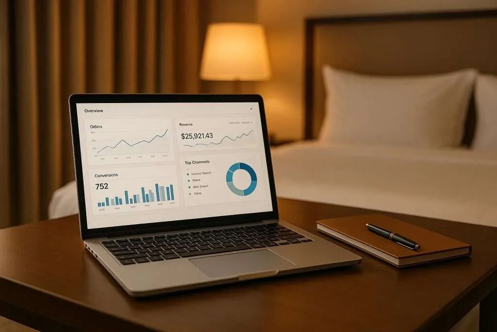 Laptop displaying digital marketing analytics and performance metrics on a wooden table in a hotel room, with a pen and notebook nearby, highlighting the importance of data-driven strategies for businesses.