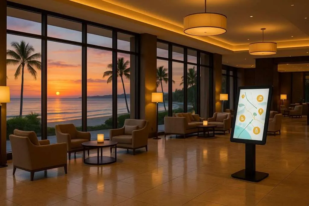 Luxurious hotel lobby with sunset view, comfortable seating, palm trees, and digital information display.