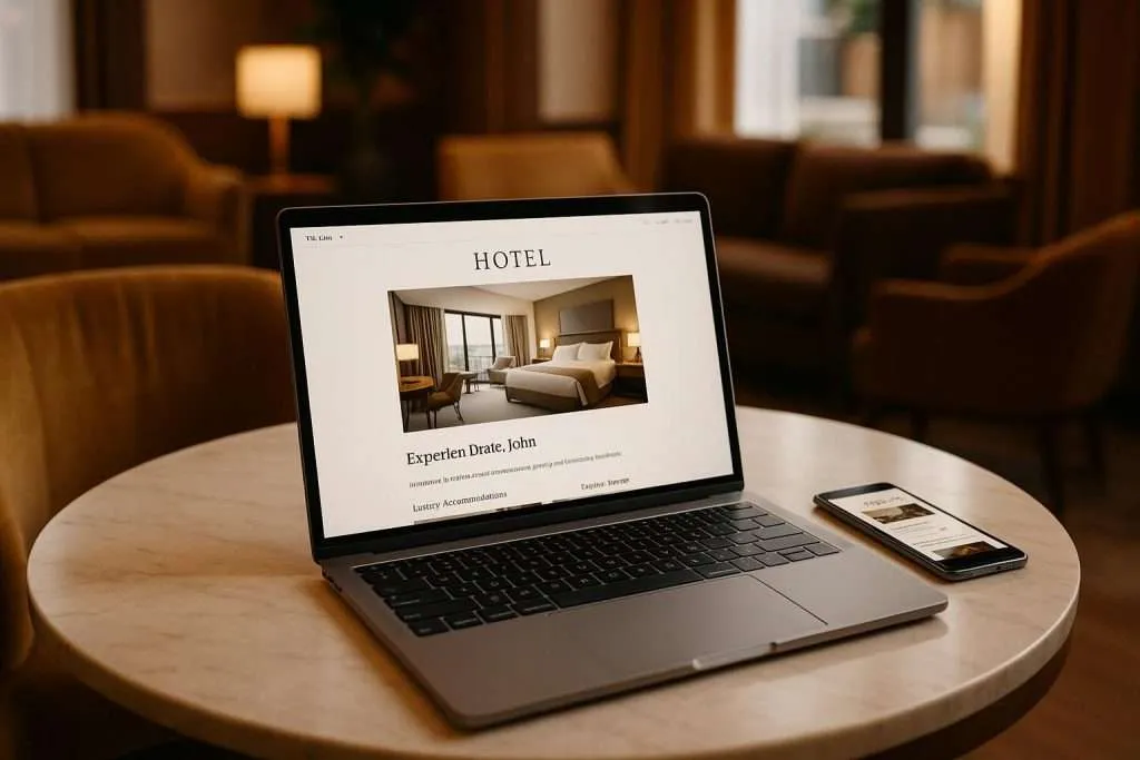 Laptop displaying a hotel website with luxury accommodations, placed on a round table beside a smartphone, in a cozy lounge setting.